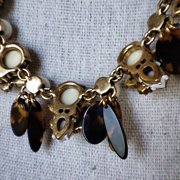 J. Crew Oxidized Brass Tone Art Deco Clear AB Faux Tortoise Statement Necklace - Picture 10 of 11